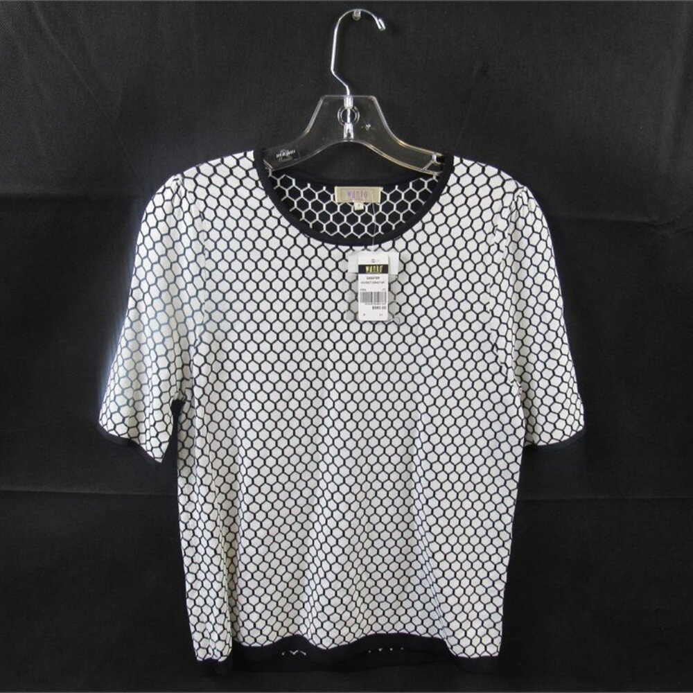 Wanko NWT Women's White/Black/Navy Honeycomb Print Sweater, Size F-HK, Small-US